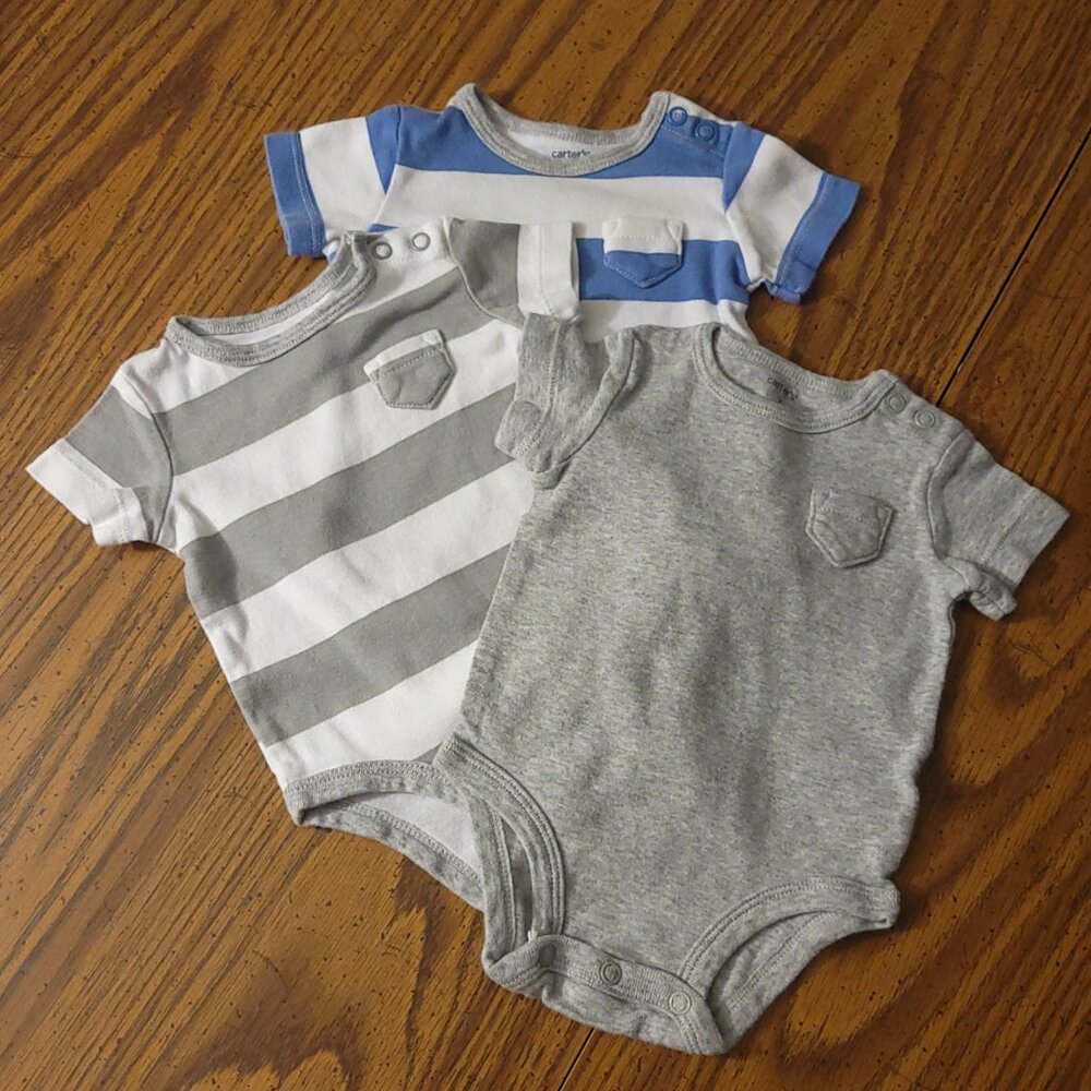 Carter’s 3M Baby Boy Bodysuit Set of 3 Gray Blue Striped Short Sleeve